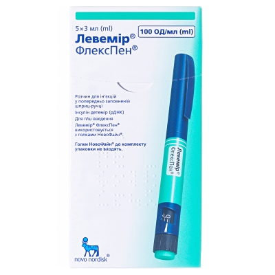 ЛЕВЕМІР® ФЛЕКСПЕН® розчин для ін'єкцій, 100 ОД/мл по 3 мл у картриджі, по 1 картриджу в багатодозовій одноразовій шприц-ручці; по 1 шприц-ручці